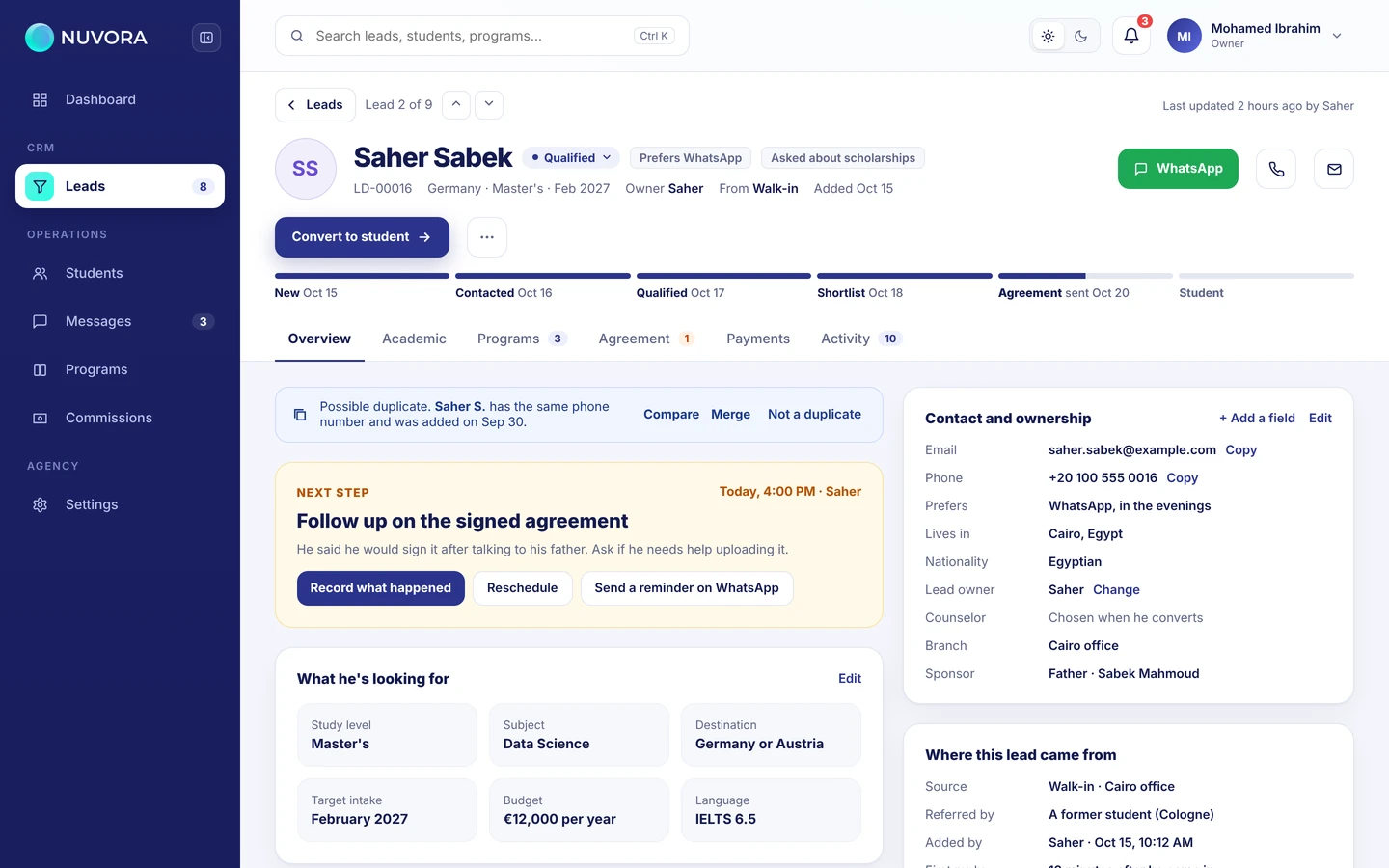 ملف عميل محتمل في Agency OS